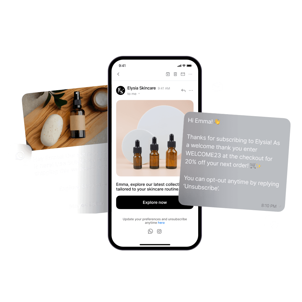 Elysia Skincare marketing campaigns on a mobile phone showcasing WhatsApp, email, and SMS engagement channels. Includes messages with a free shipping offer, a 20% discount code for new subscribers, and product promotions, enhancing customer interaction.