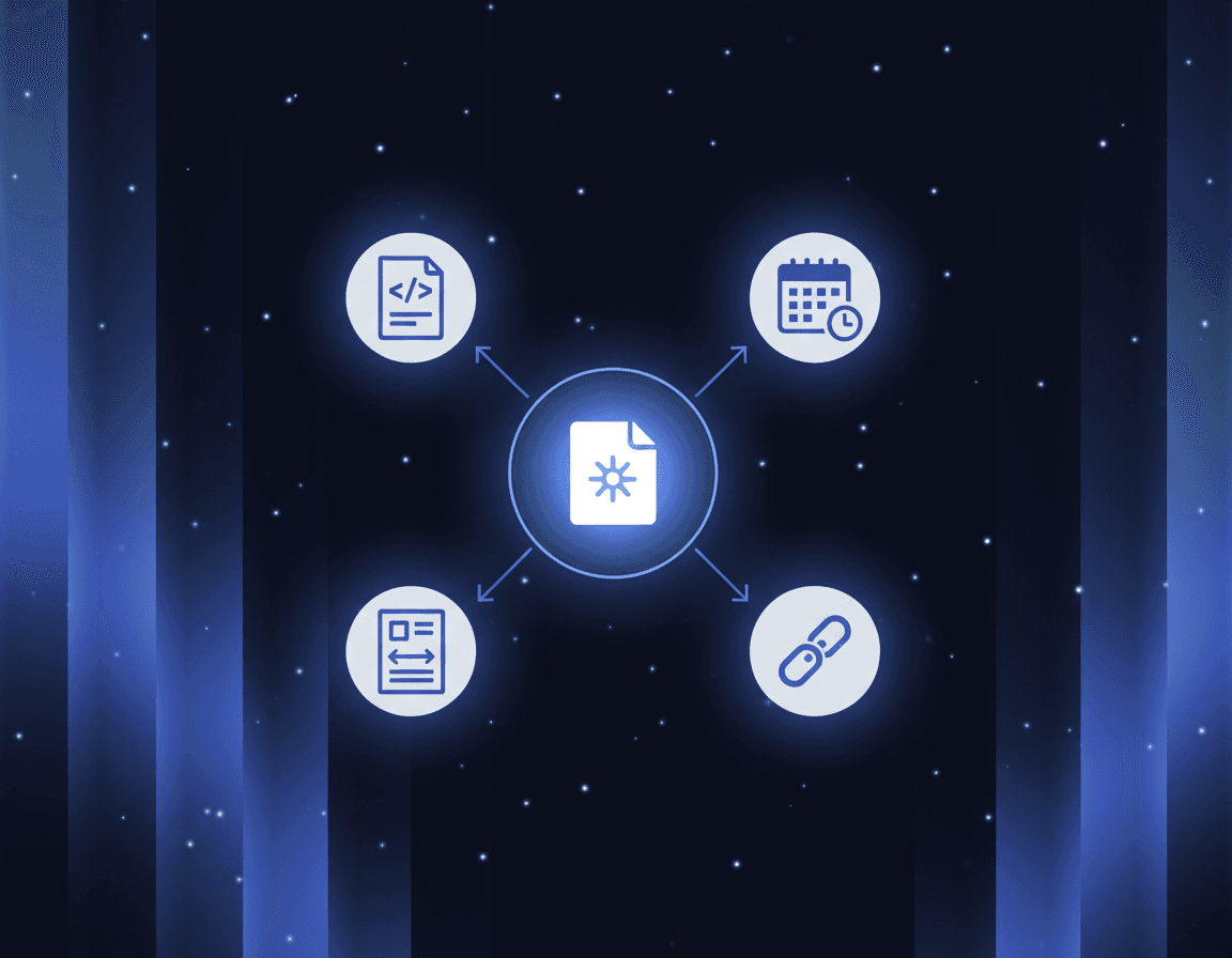 Flow diagram of schema file, calendar, sitemap, and chain links feeding into a refreshed blog post.