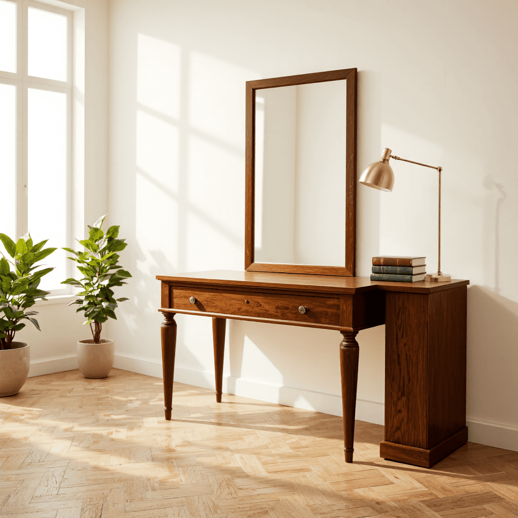 product photography of Elegant wooden vanity table
