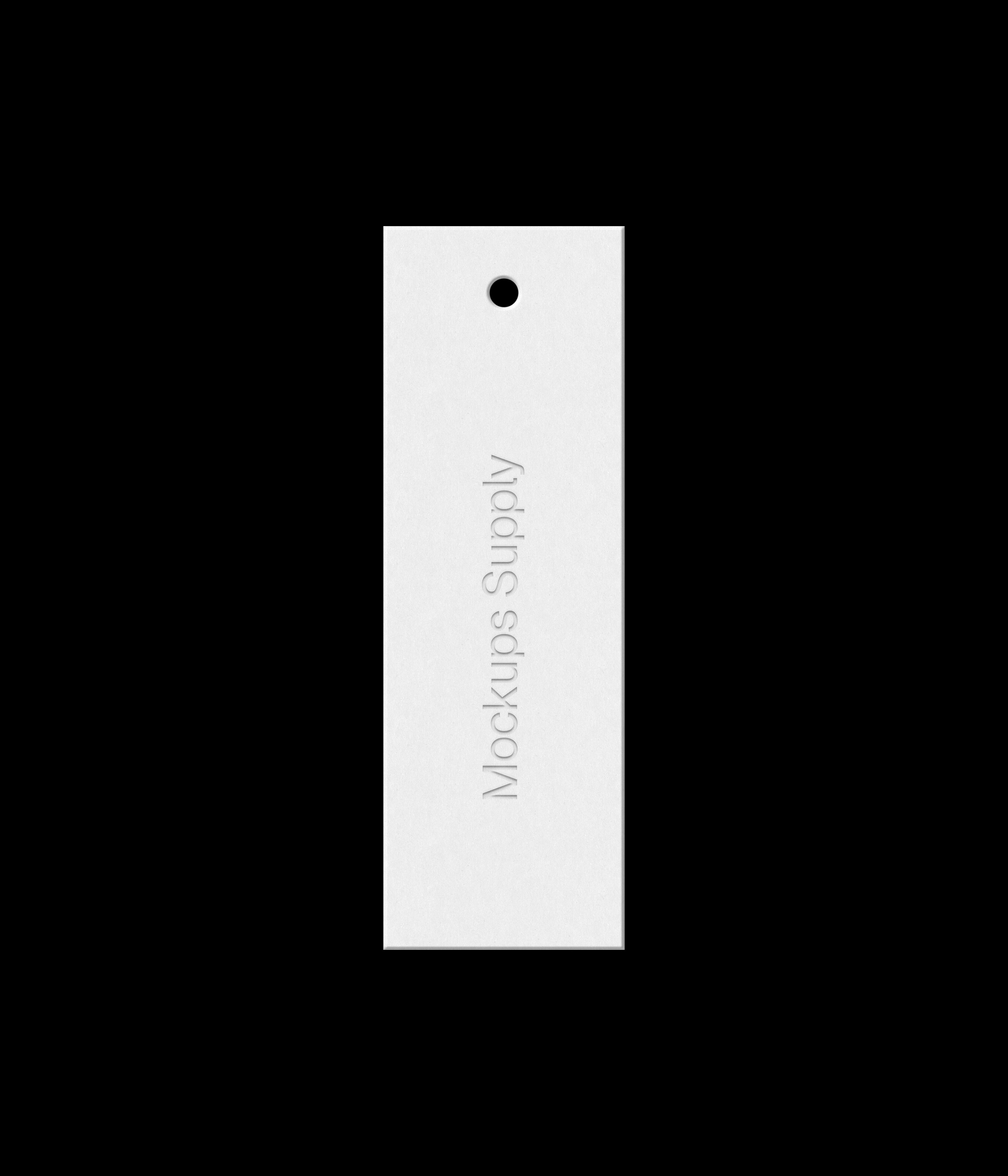 White 1x3 vertical hang tag mockup on black background with debossed text effect for Photoshop download psd