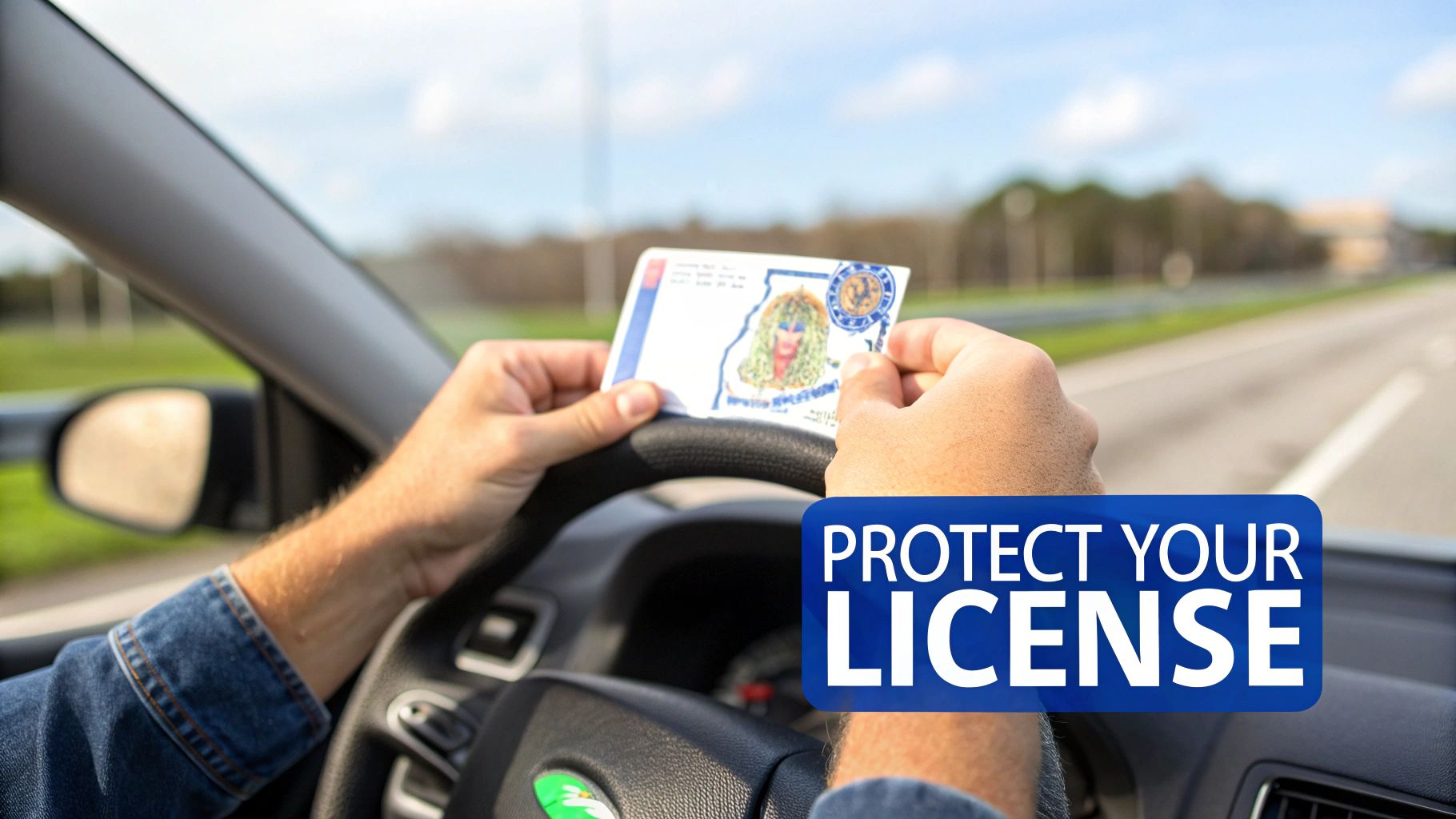 A person driving a car holds up a driver's license with a unique design, featuring text 'PROTECT YOUR LICENSE'.