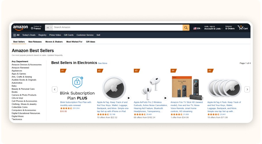 Screenshot of the Best Sellers page on Amazon