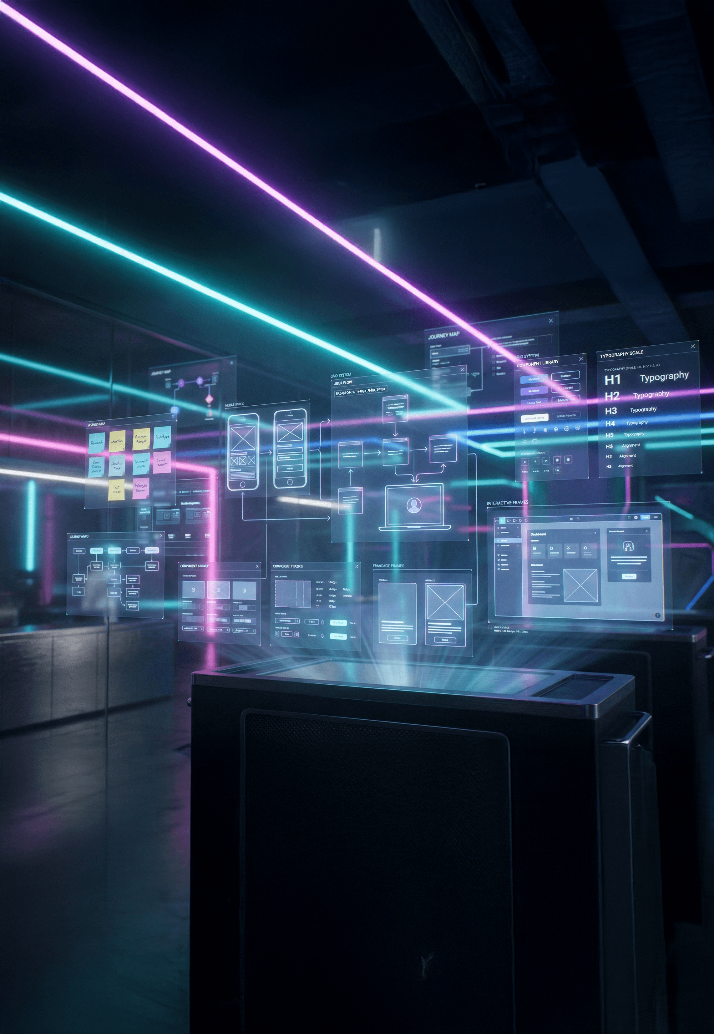 Portrait of a woman with digital abstract effects and color overlays