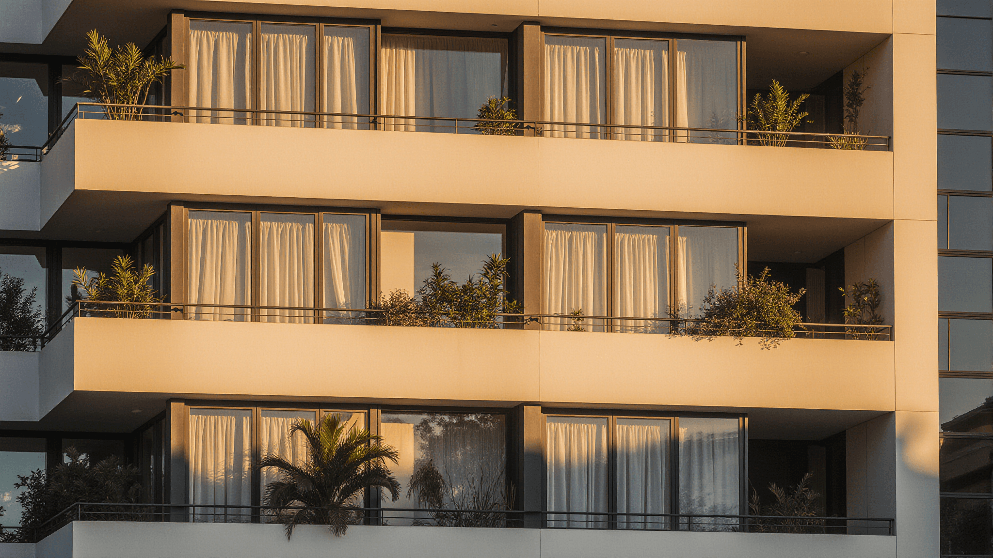 Modern apartment building facade with balconies and potted greenery lit by warm sunlight.