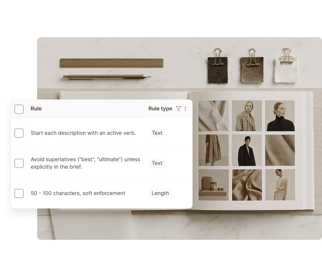 A neatly arranged flat lay features an open fashion catalog on a beige marble surface, showing photos of models and fabric swatches, complemented by stationery and small wooden clips; keywords: "fashion catalog," "fabric swatches," "flat lay design."