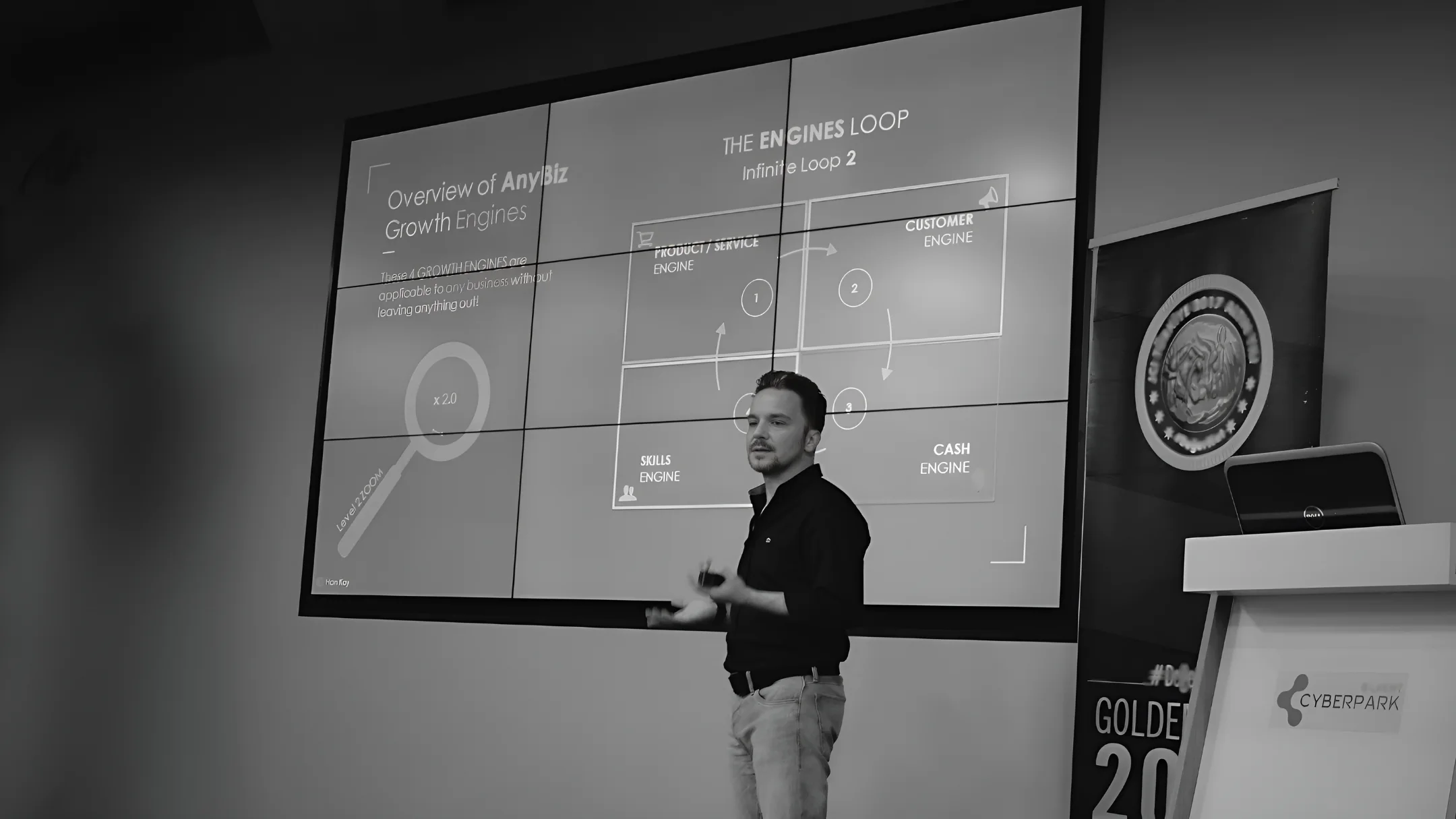 Han Kay presenting the connected Product/Service, Customer, Cash, and Skills Engines