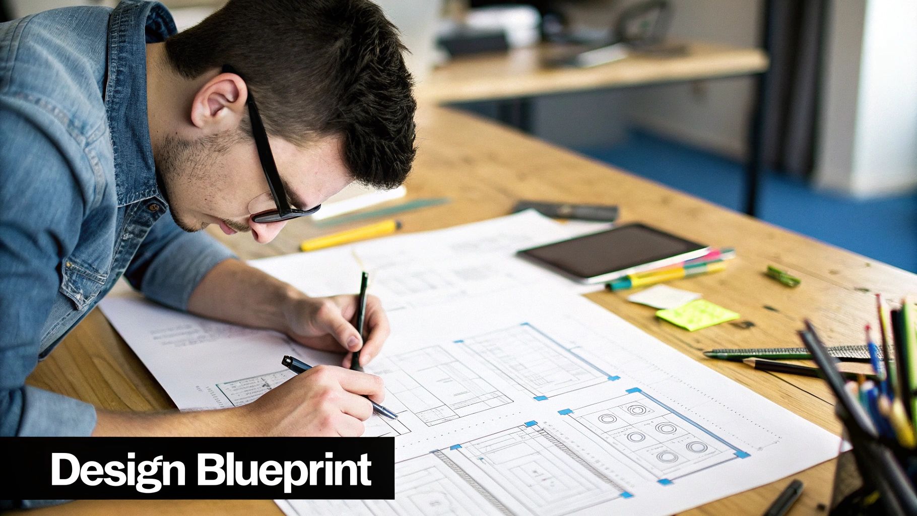 Two designers collaborating on app wireframes and user interface layouts on a whiteboard