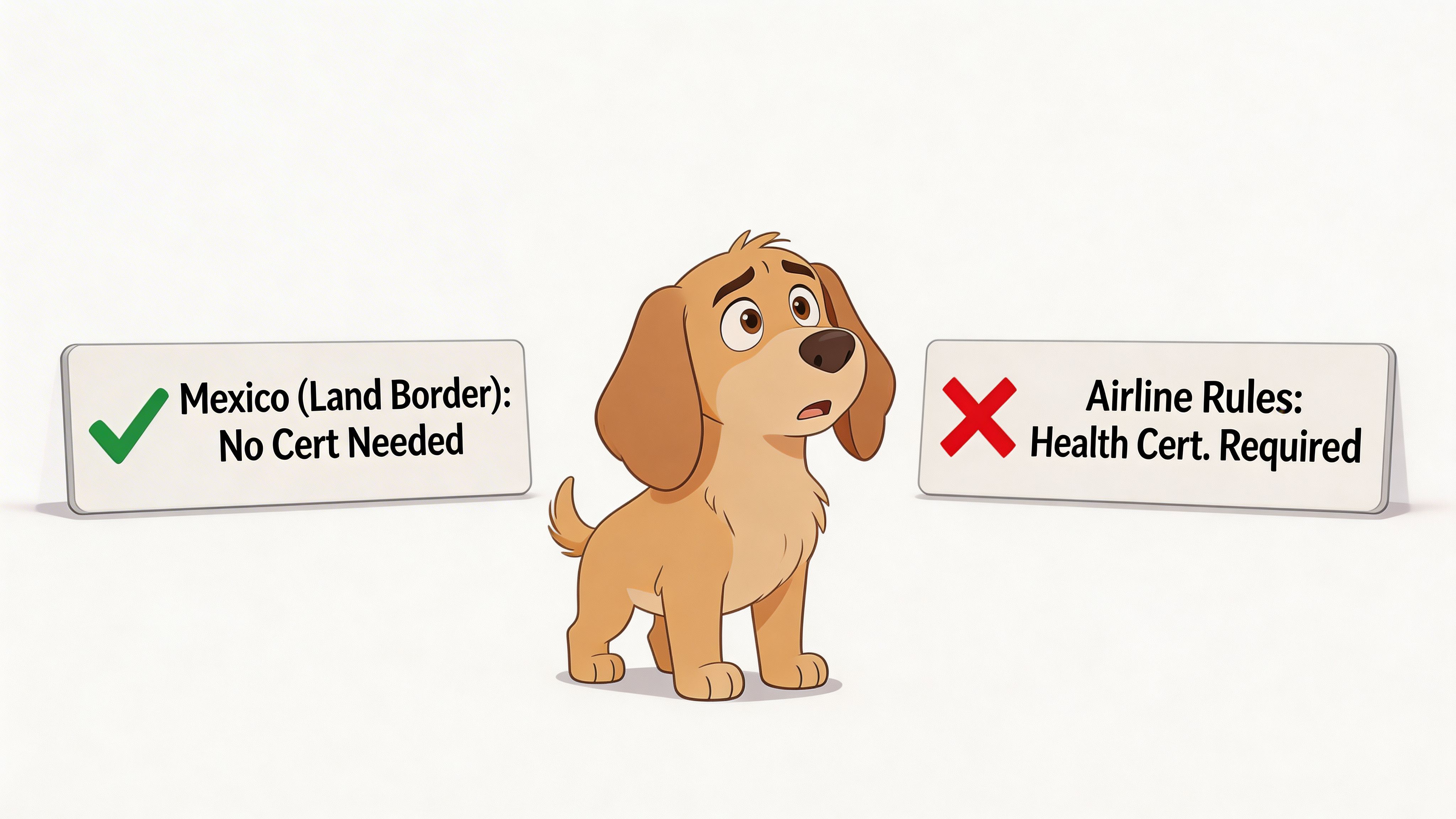 A cartoon puppy standing between two signs comparing travel requirements for Mexico by land versus by airline.