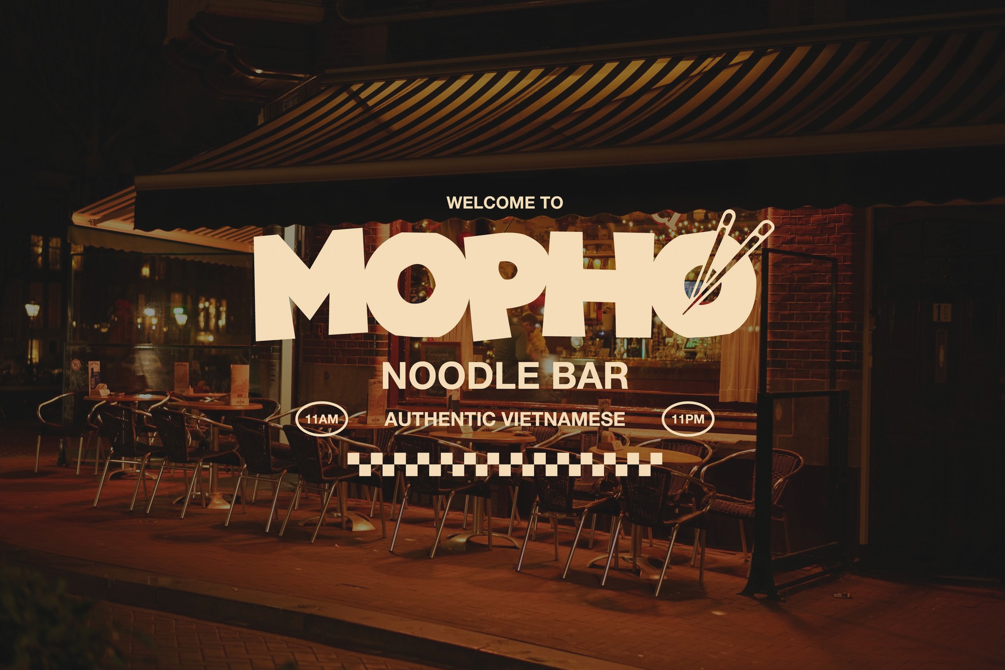 Brand signage and logo design for Mopho Noodle Bar, an authentic Vietnamese restaurant with bold typography and a warm, inviting atmosphere