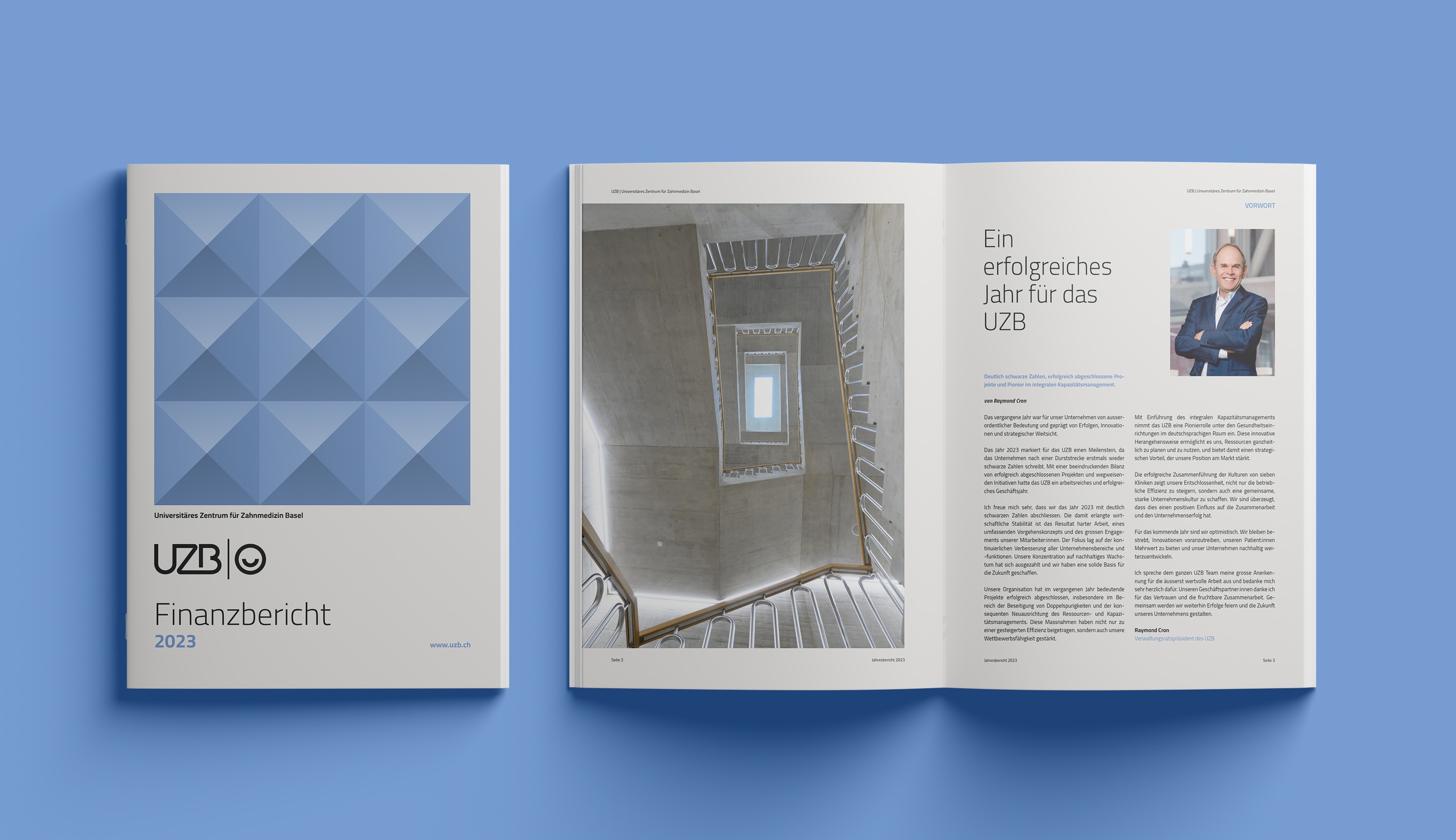 Titelgestaltung des UZB Jahresberichts 2023 – klares Editorial Design mit positiver Farbwelt und strukturierter Typografie