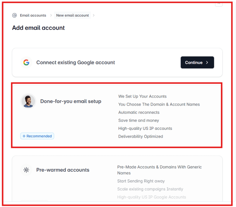 Choose Done for you email setup from Stamina