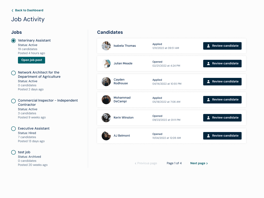 A sample of the final deliverable from the InclusiVision project: candidate and application activity for a single job post.