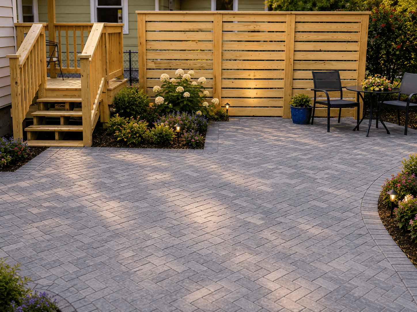 Brick paver patio with a wood screened wall and attached deck in a Durham, North Carolina backyard.