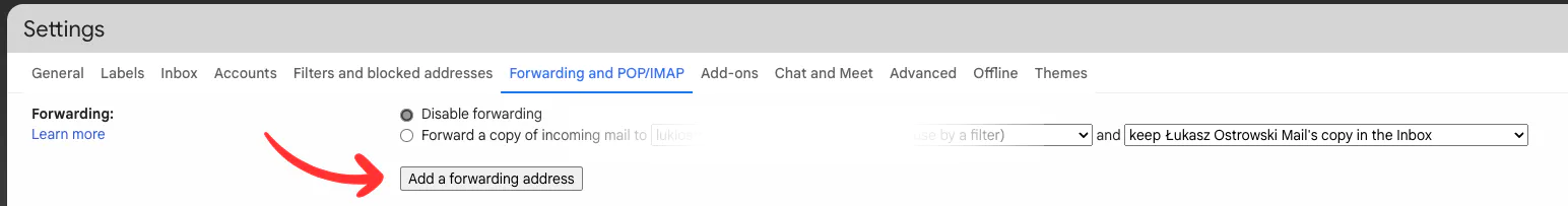 Here's a suggested alt text for this image: "Gmail settings page showing email forwarding setup for Lucas Ostrowski's account to Evernote integration, demonstrating automation workflow