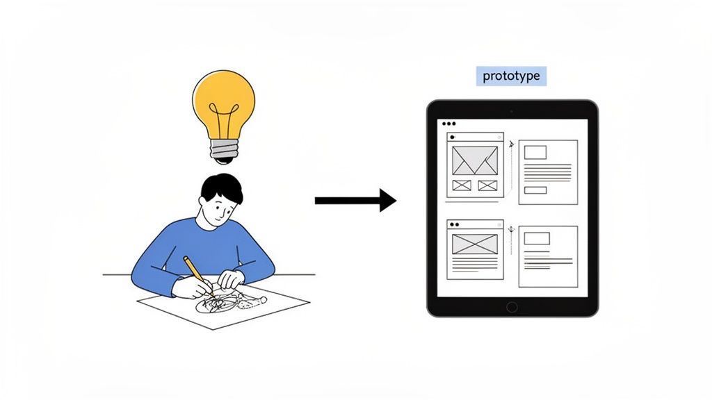An illustration showing a person sketching an idea, which then transforms into a digital prototype on a tablet.
