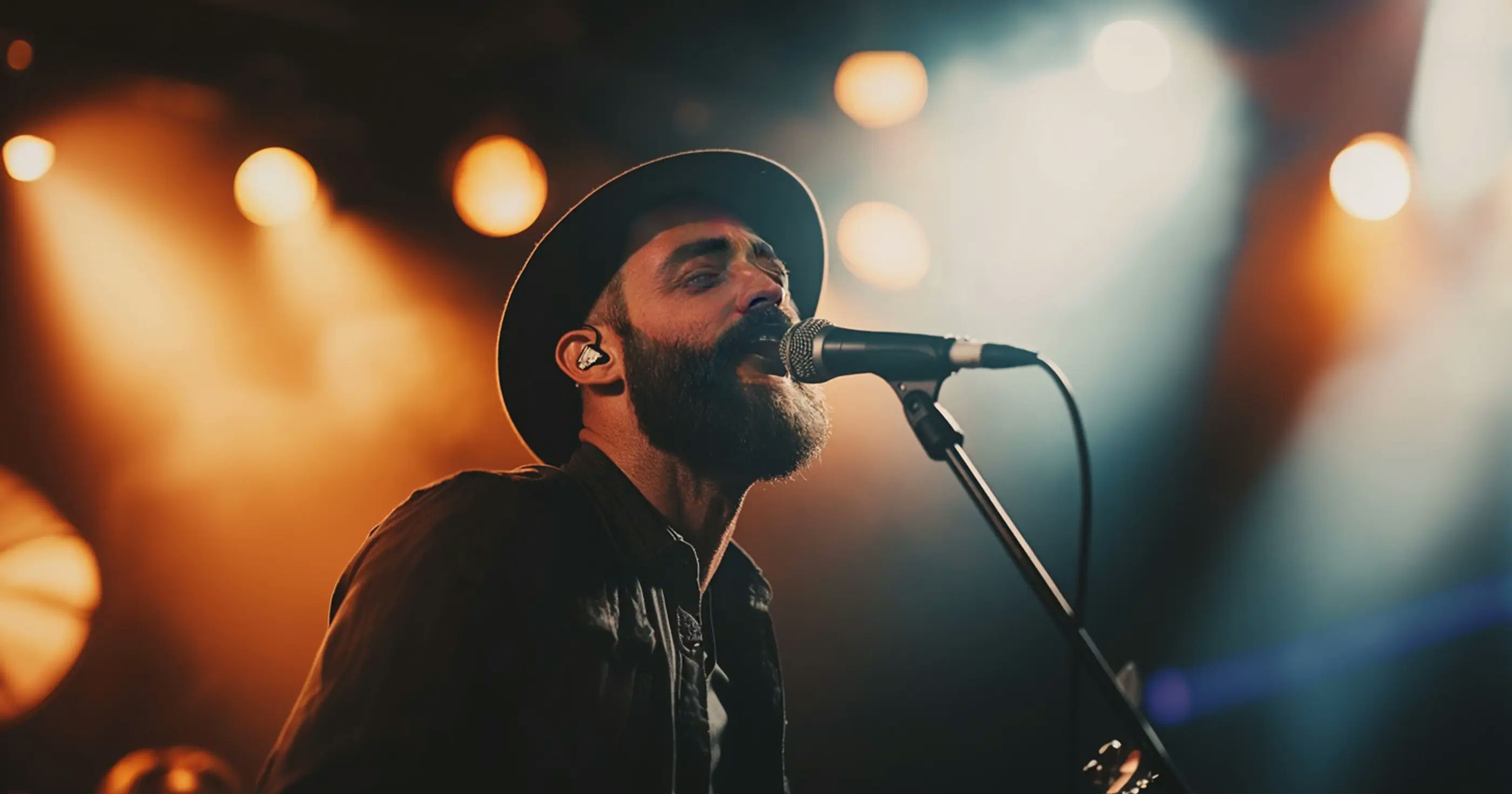 The singer RY X wearing a hat, passionately performing into a microphone on stage.