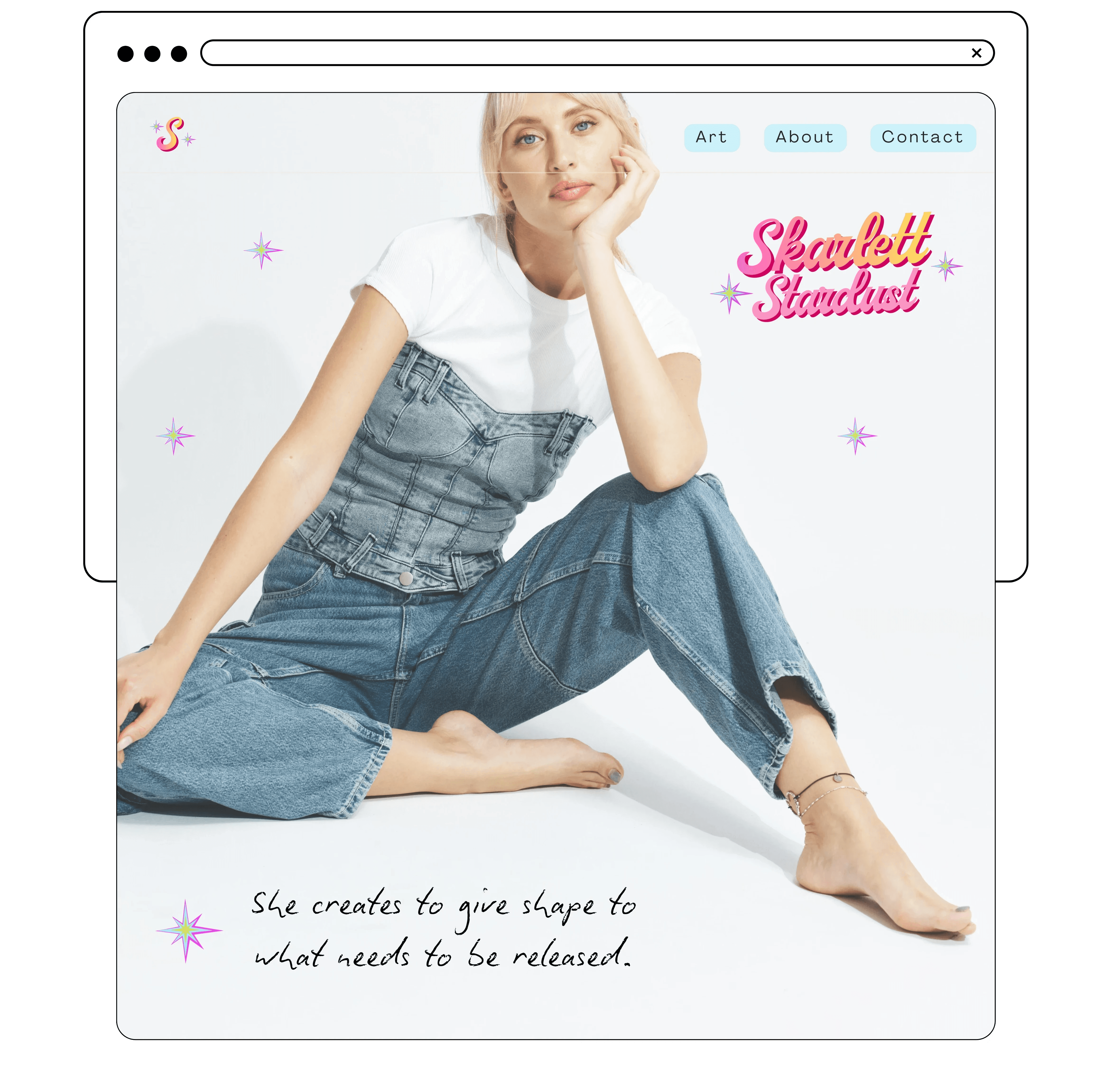 Desktop website design for Skarlett Stardust featuring artist branding and editorial layout.
