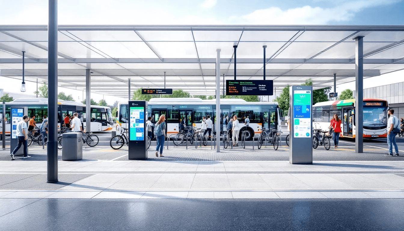 The image depicts a modern mobility hub featuring buses, bike racks, and digital information displays, designed to support various transportation modes for community members. This hub serves as a central point for public transit, bike share, and scooter share services, enhancing connectivity and convenience for travelers in urban areas.