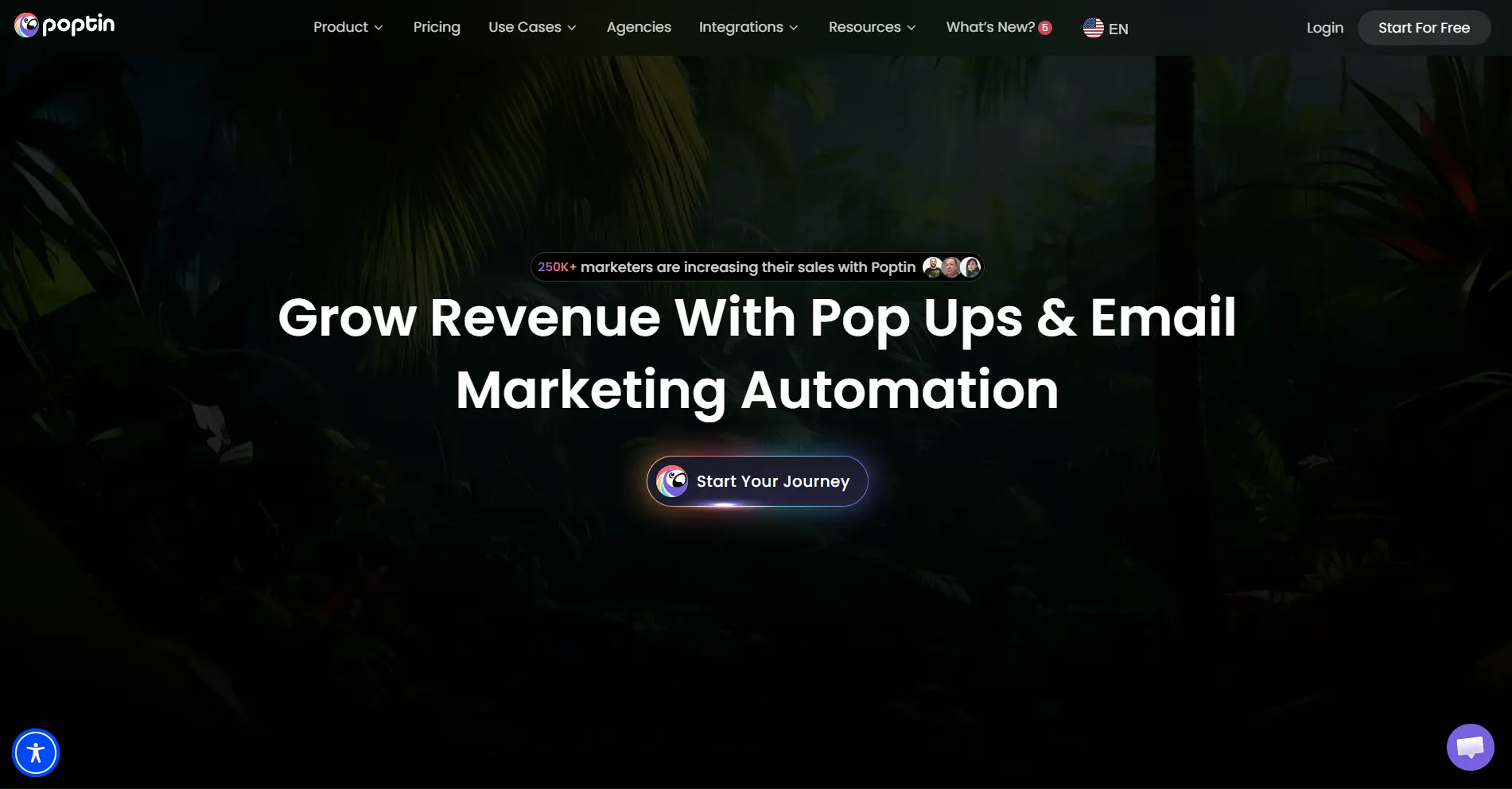 Poptin homepage hero section set on a black background featuring the headline “Grow Revenue With Pop Ups & Email Marketing Automation”