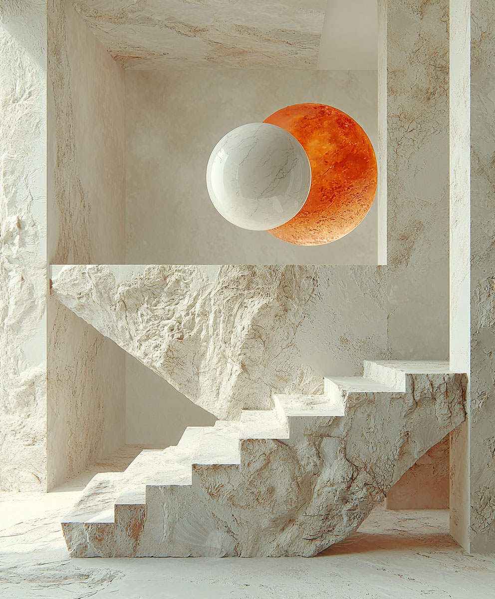Eine Marmortreppe führt zu einer Plattform in einem minimalistischen, beigen Steinraum. Über der Plattform kreuzen sich eine weiße Marmorkugel und eine leuchtend orangefarbene Kugel, die in dieser eindrucksvollen 3D-Darstellung in der Luft schweben.
