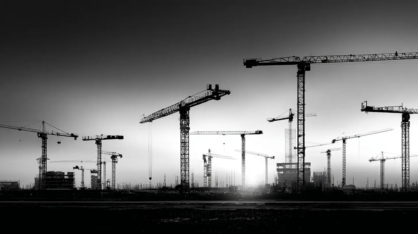 Chantier de construction avec grues illustrant une infrastructure publique, paysage urbain en développement, photographie en noir et blanc.