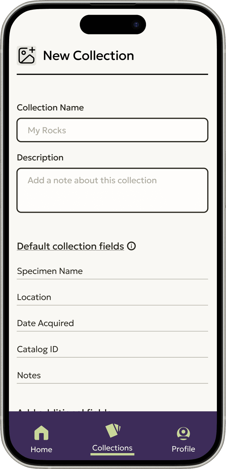 The V1 high fidelity prototype for setting up a collection of the stockpilr app