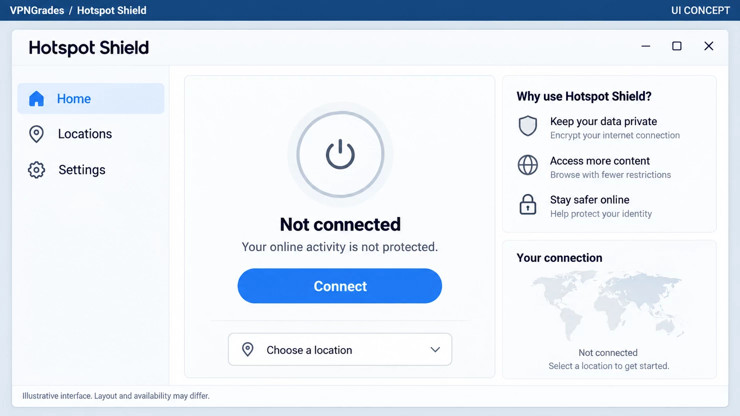 Hotspot Shield: a desktop connection interface (illustration).