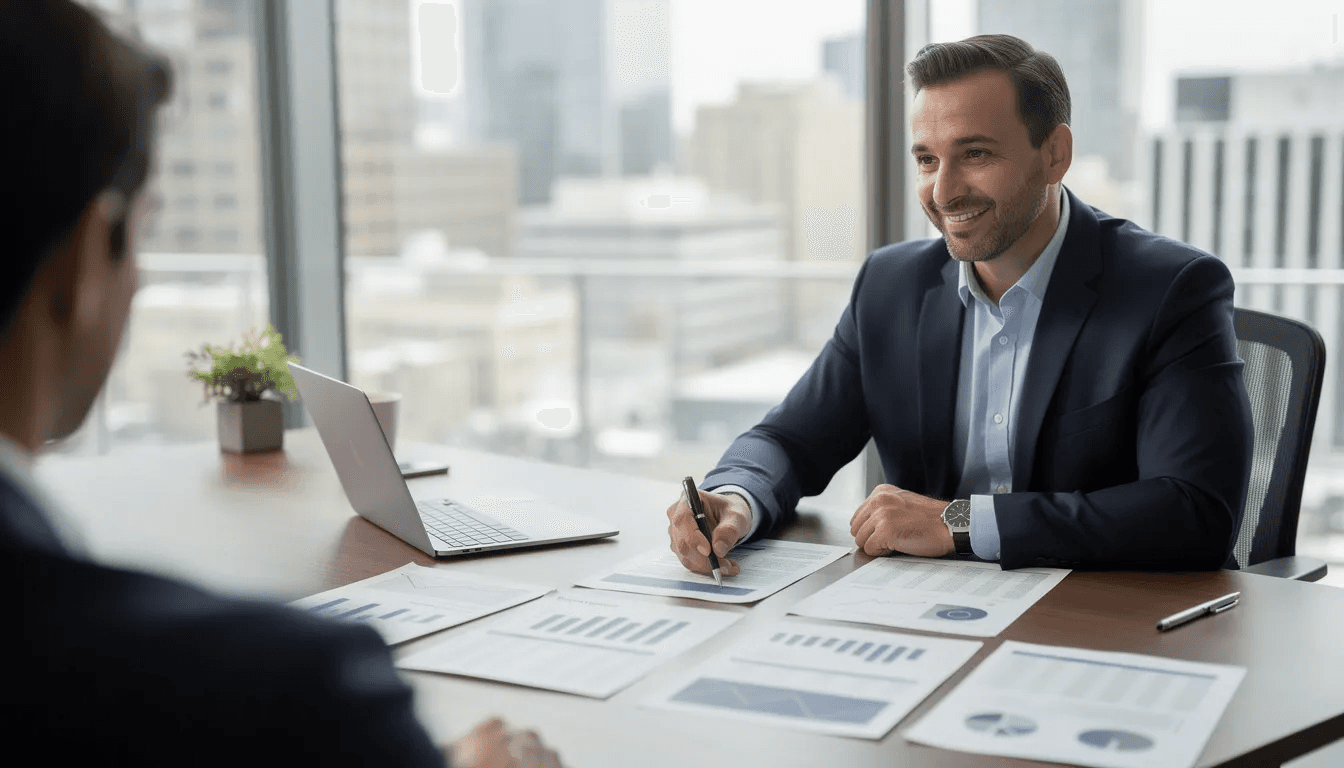 A professional financial advisor is seen pointing at various documents spread across a desk, which likely include information related to trust distributions, supplemental security income, and other financial matters essential for beneficiaries managing their assets and public benefits. The setting suggests a consultation aimed at providing assistance with trust funds and financial planning.