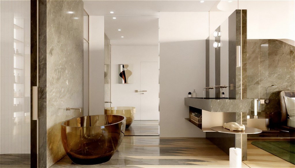 A spacious bathroom featuring a large tub and a shower, designed for comfort in Iconic Residences.