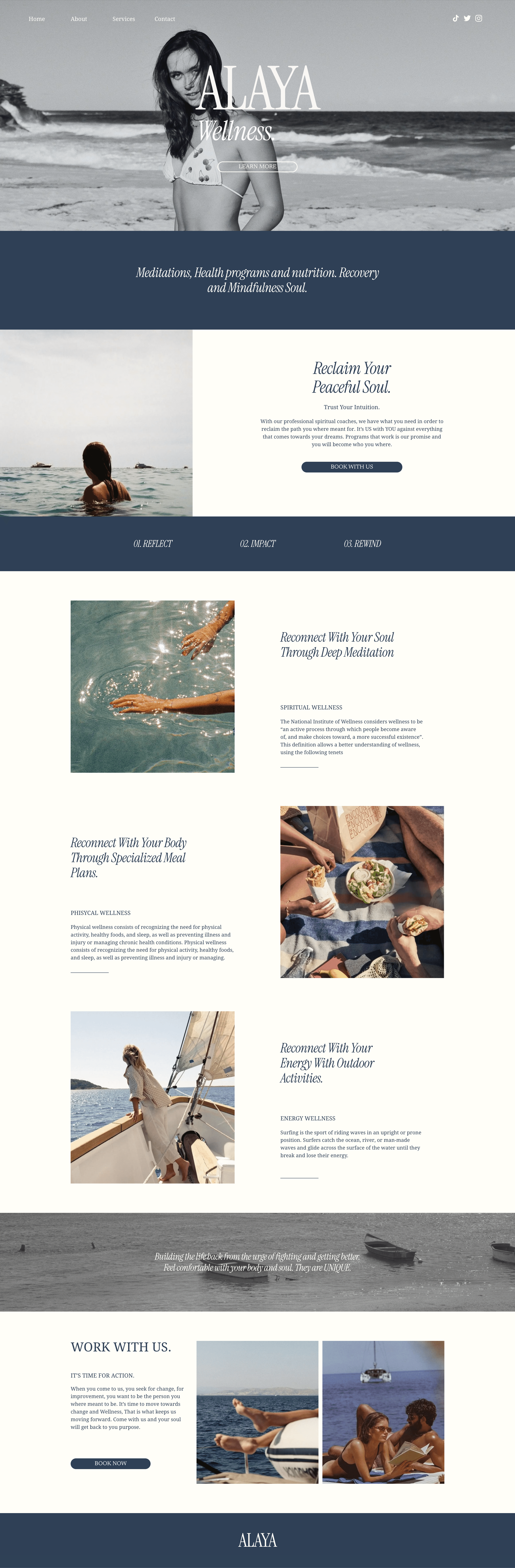 A home page with blue and white and a picture of a woman