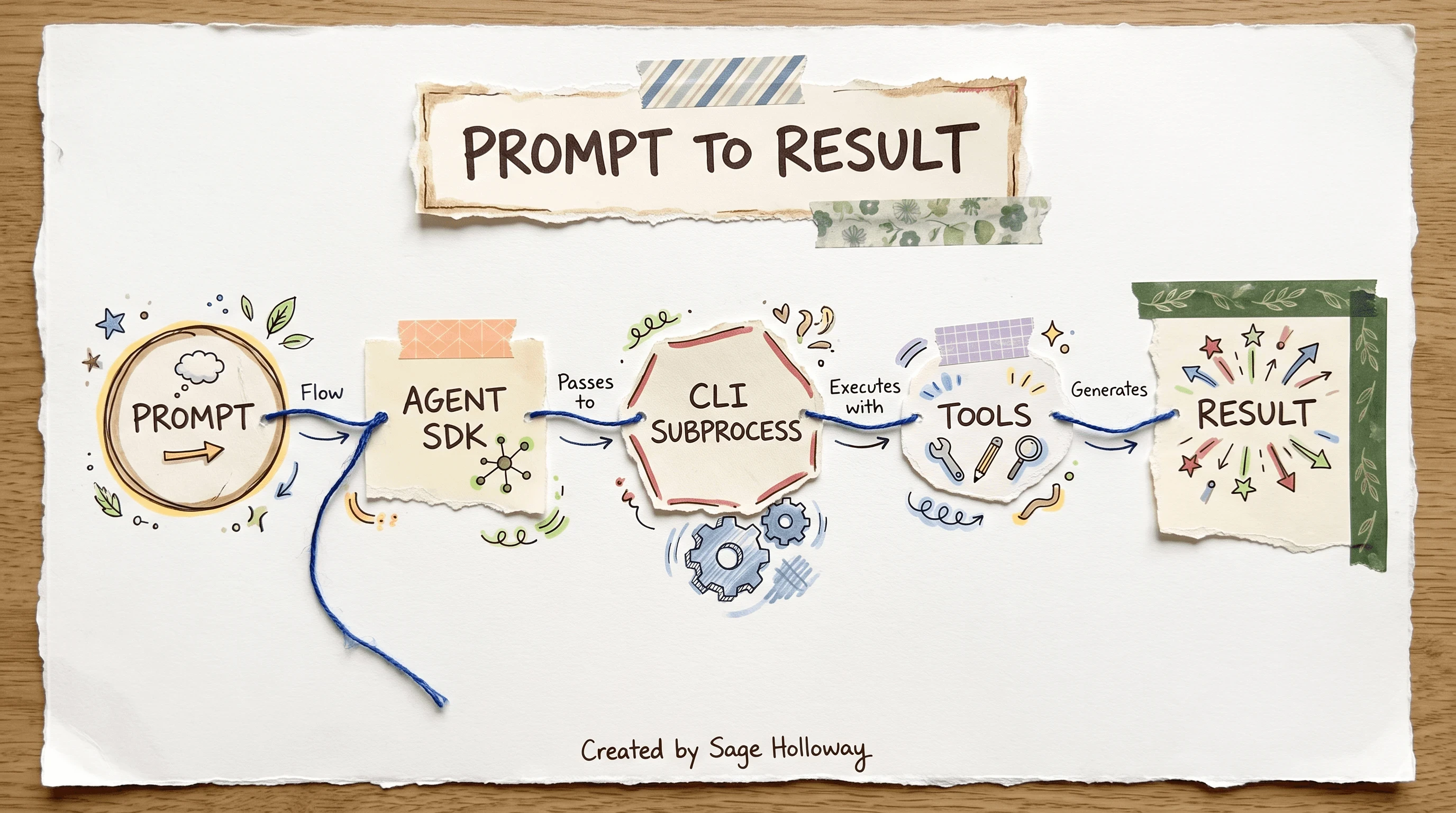 Diagram of the Claude Agent SDK loop from prompt through SDK to Claude Code CLI subprocess, tools, and structured result