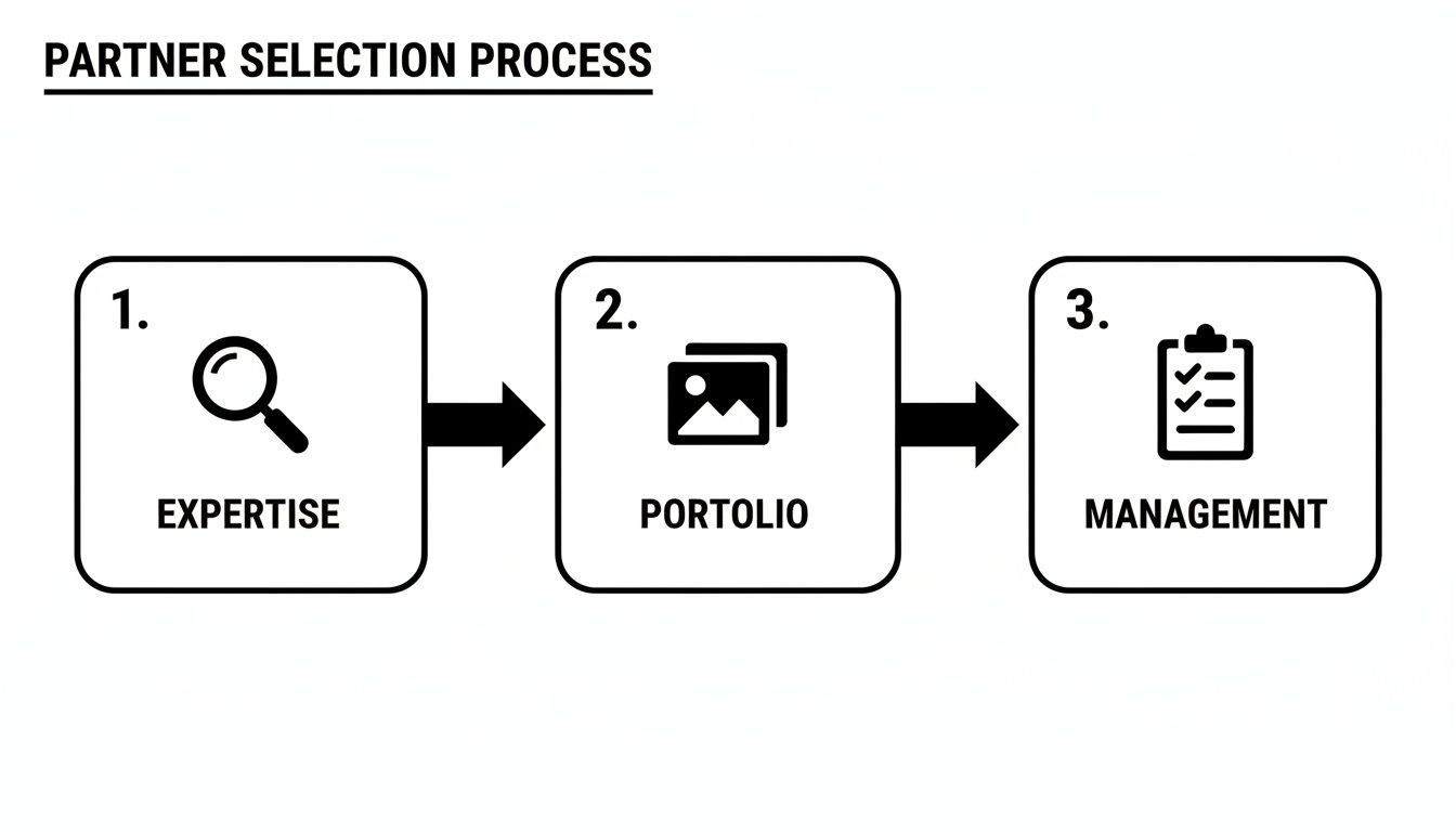 Diagram illustrating a 3-step partner selection process: expertise, portfolio, and management.