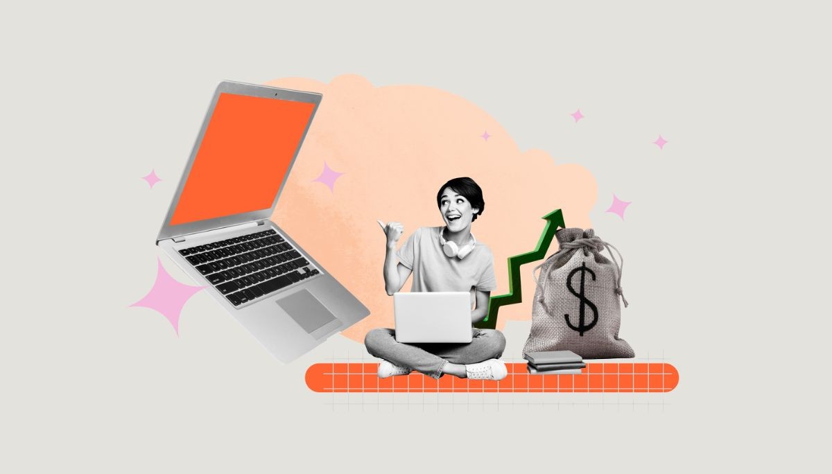 Stylized collage of laptop, money bag, and upward trend arrow, used to depict programmer salaries.