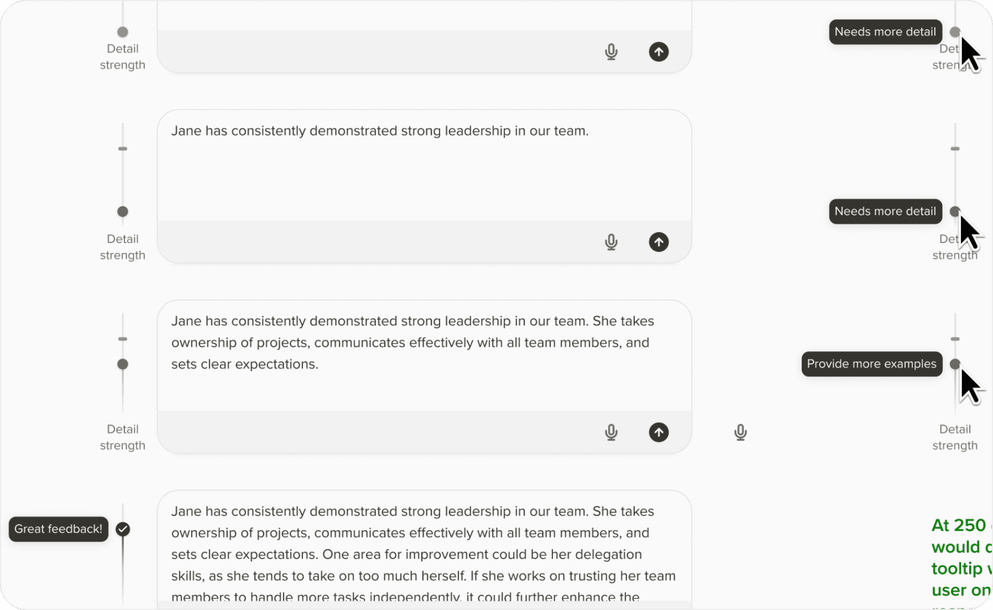 Wireframe of design explorations for feedback helper interface.