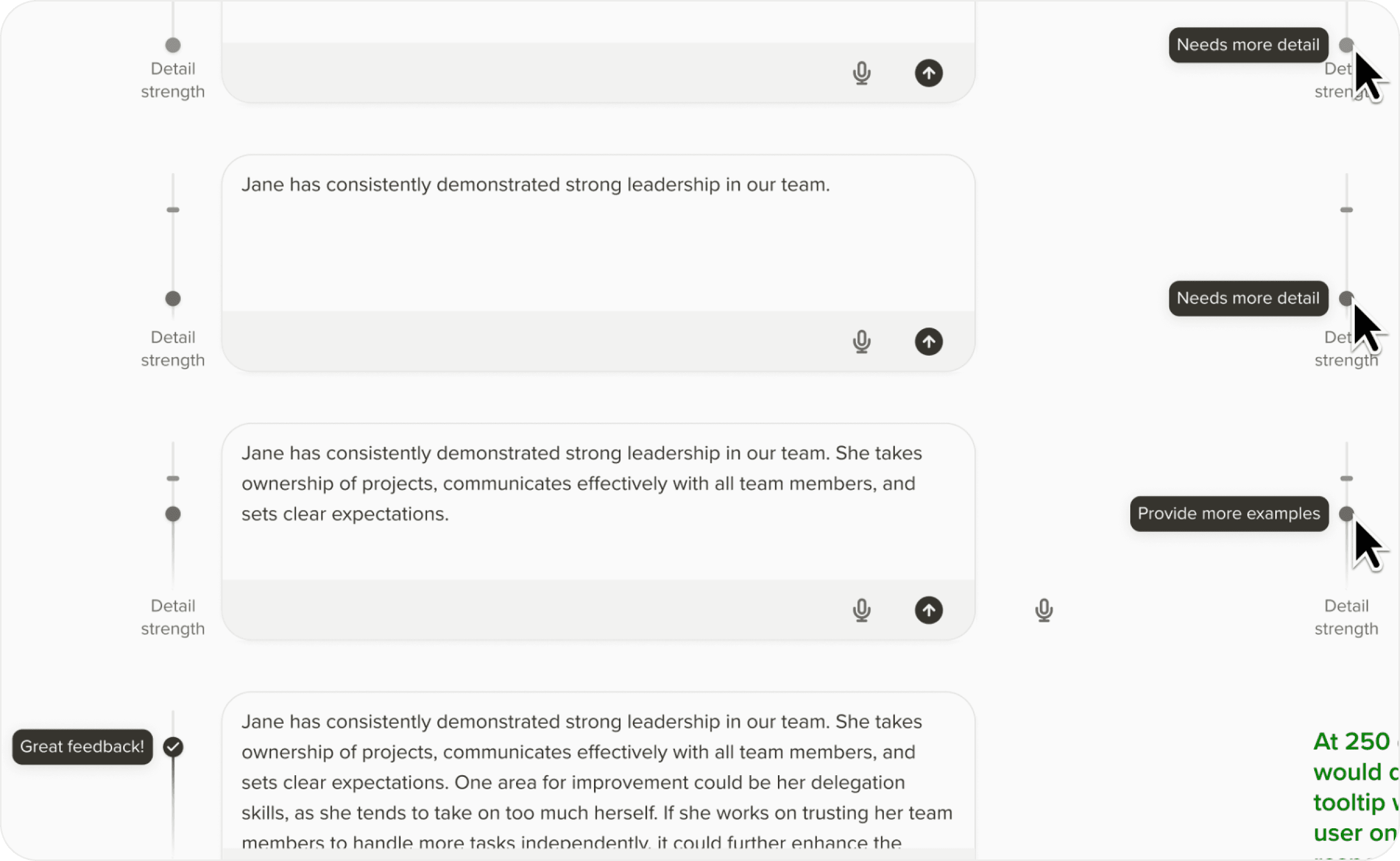 Wireframe of design explorations for feedback helper interface.