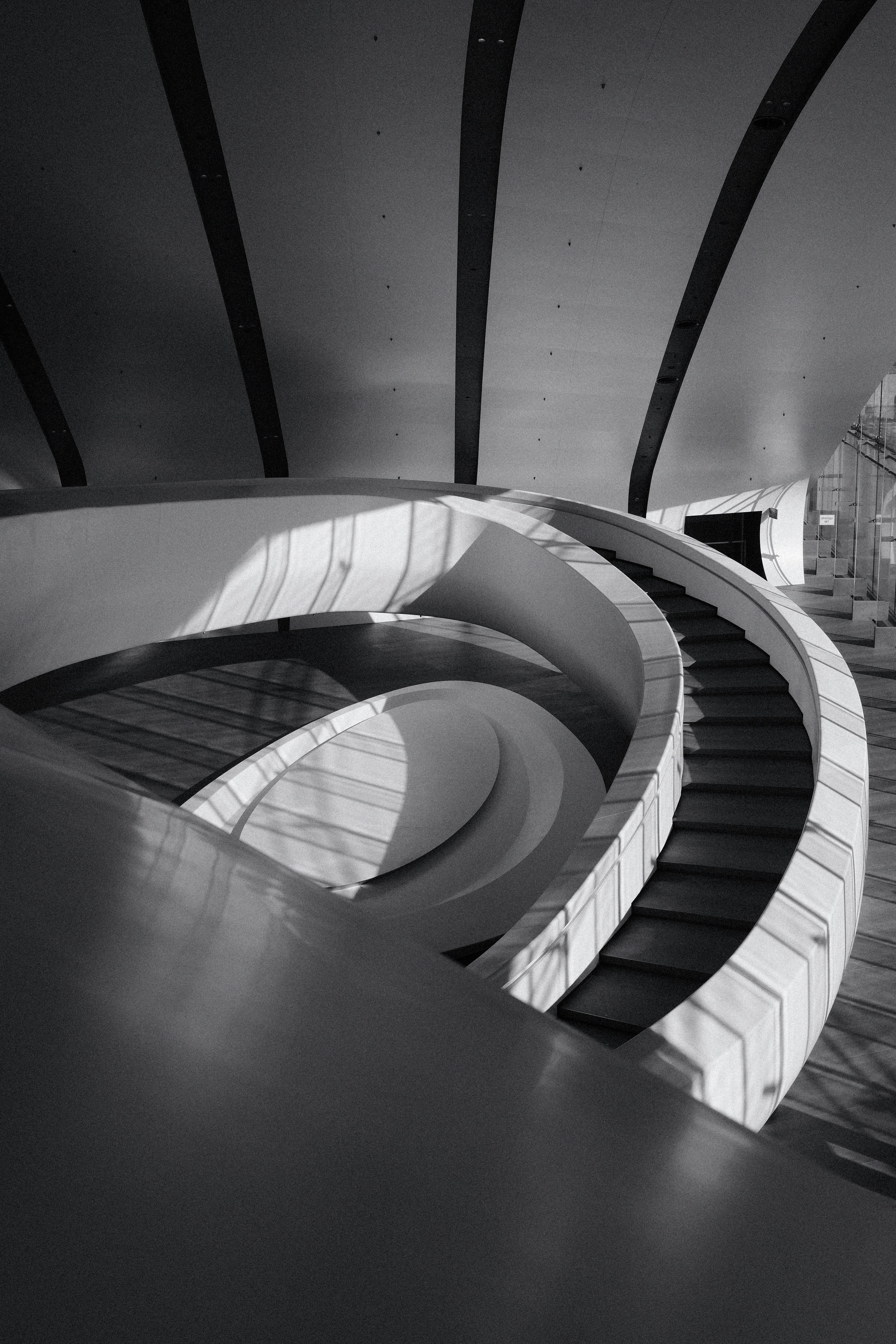 Modern spiral staircase with dramatic shadows and light.