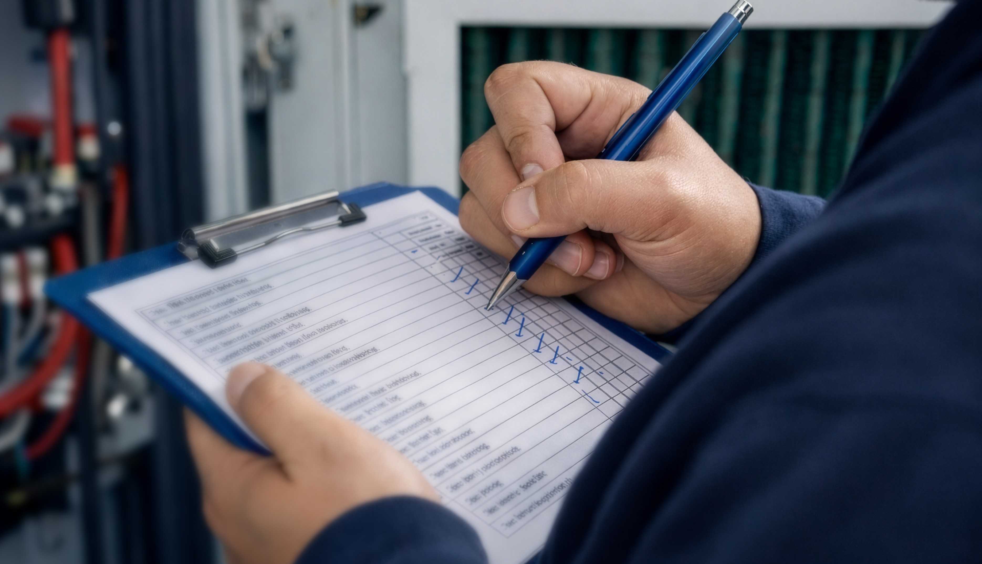HVAC technician documenting airflow and system performance checks during retrofit commissioning