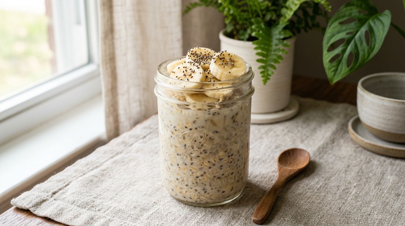 A glass mason jar filled with overnight oats topped with banana slices and chia seeds.
