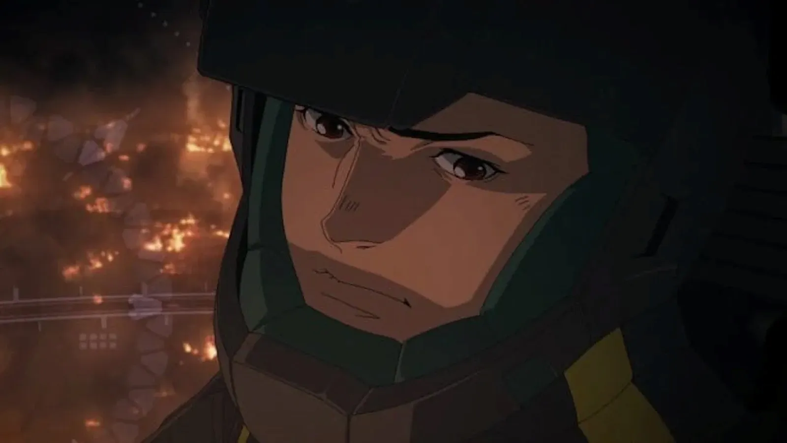 Anime character in a helmet looks determined against a fiery, chaotic background, illuminating the scene with intense, dramatic lighting.