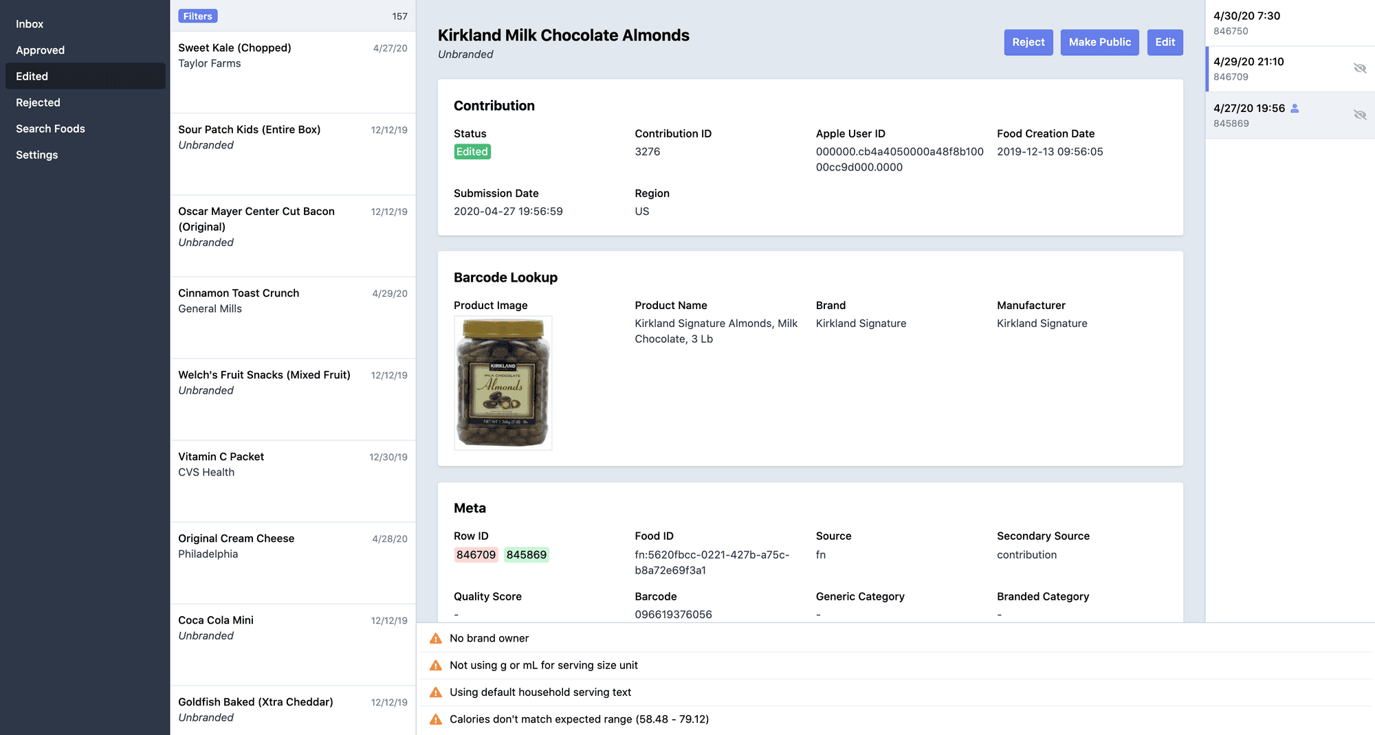 A screenshot of the FoodNoms food moderation tool.