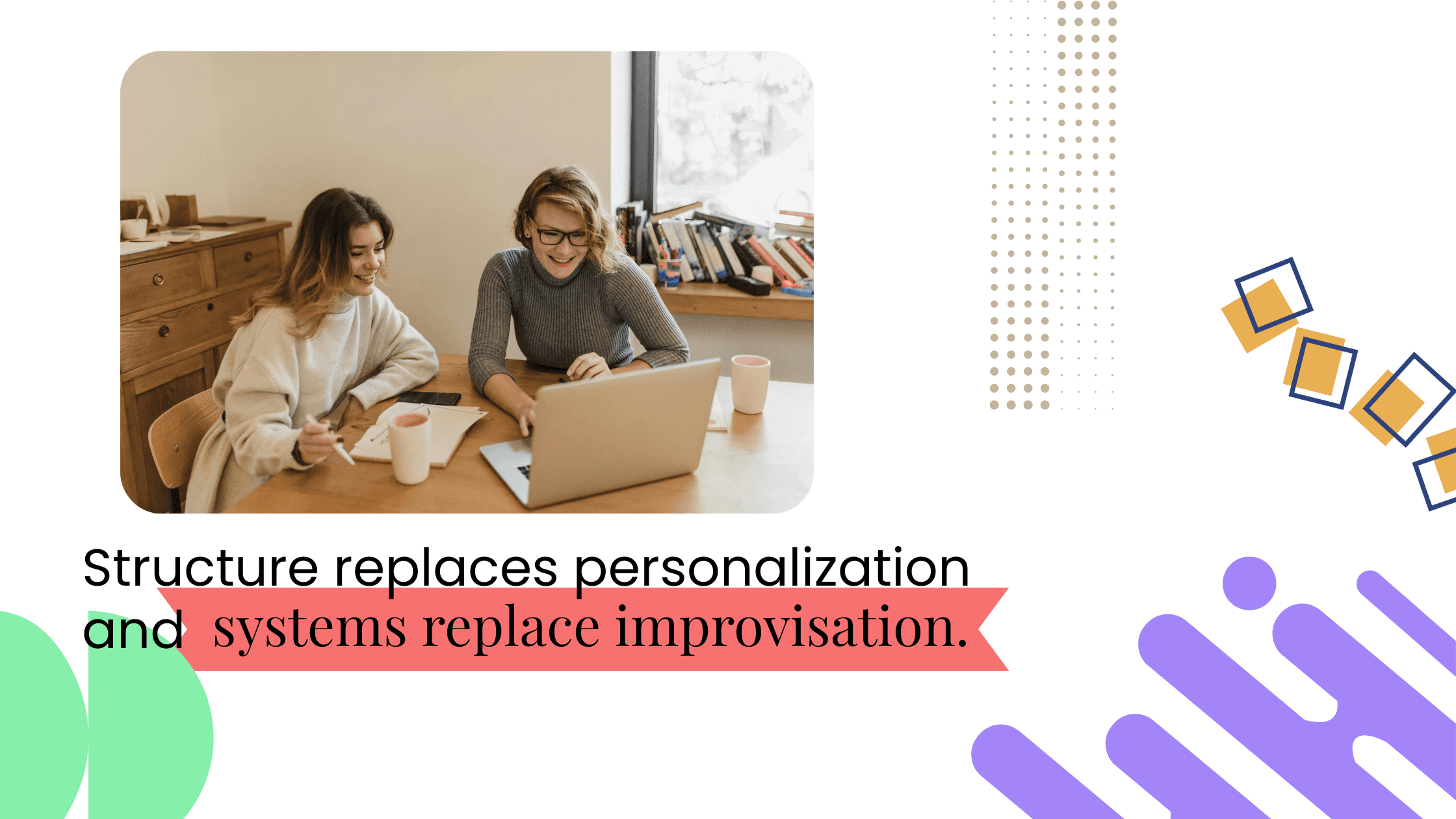 Coach collaborating with participants at a table, representing structured systems replacing improvisation in group coaching.