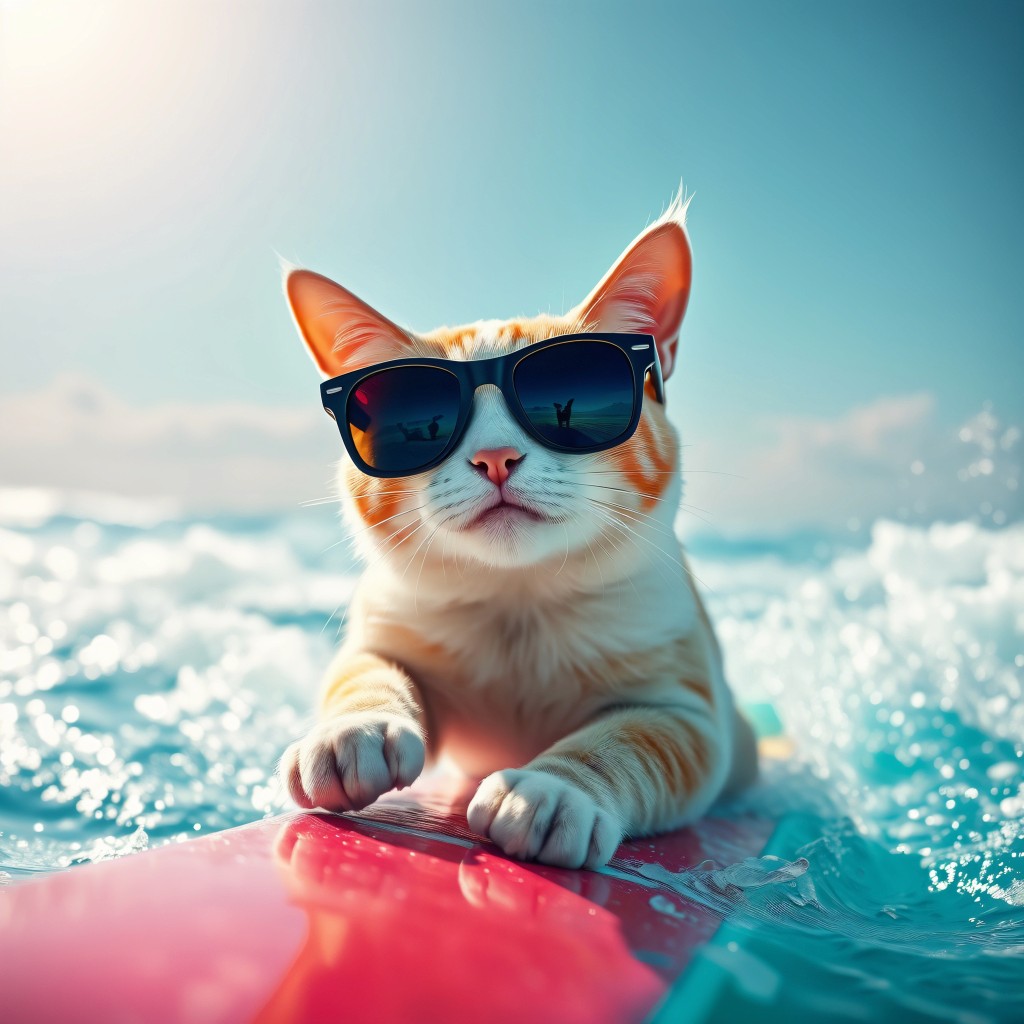 画像生成機能で作成したサングラスをかけてサーフィンする猫
