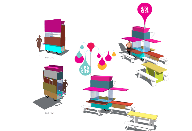 Four views of a colorful food cart are shown against a dark gray background. From left to right: a front view showing the cart’s side; a back view showing the side; a mobile structure with hanging teardrop-shaped decorations and a pink top; and a mobile structure with benches and a yellow table. The word “upa cita” is visible in teal text on a teardrop-shaped sign.
