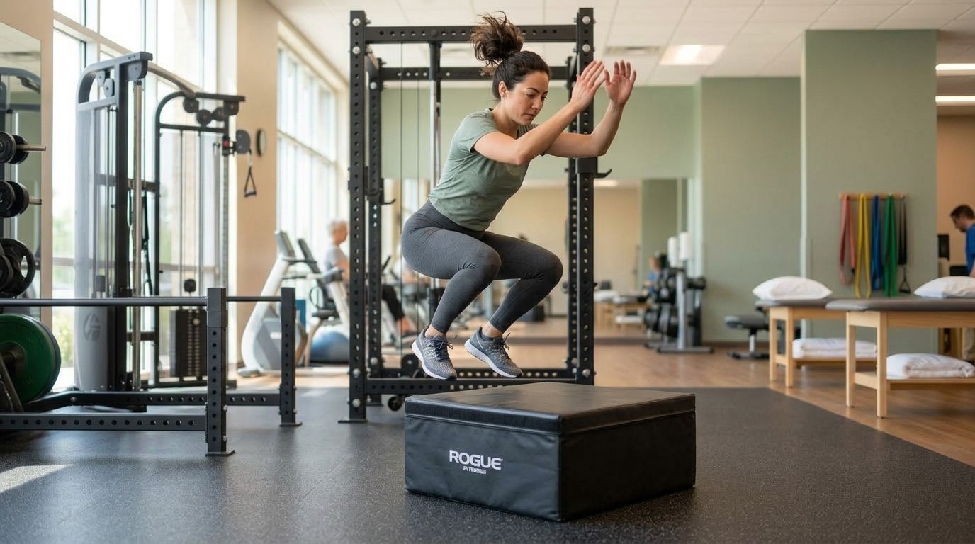 Adult female post Achilles injury doing box jump