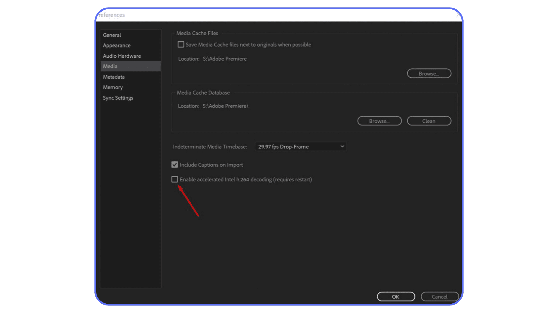 Premiere Pro preferences window highlighting media cache settings and hardware decoding option