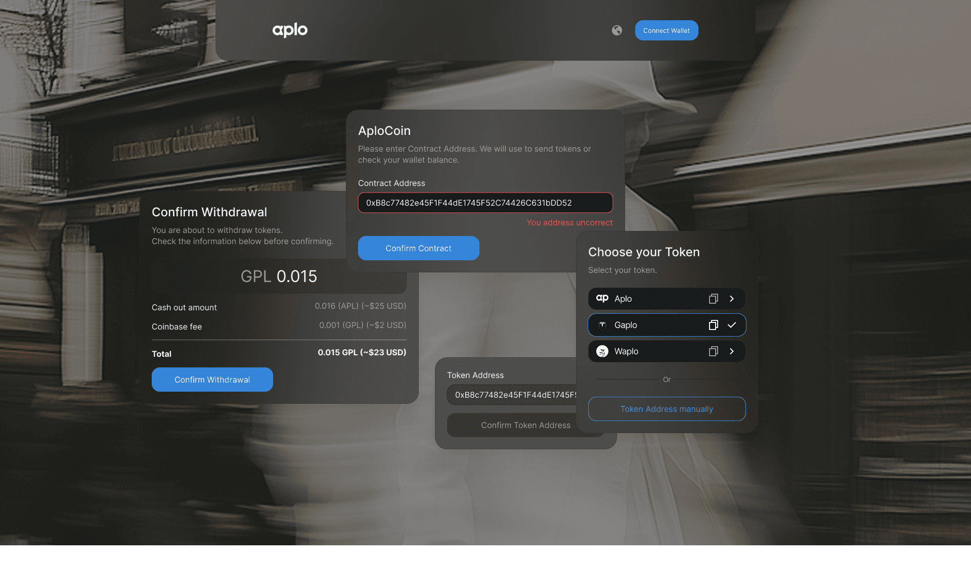 Aplocoin swap interface for fast token‑to‑token exchange, fee estimation and decentralized finance operations.