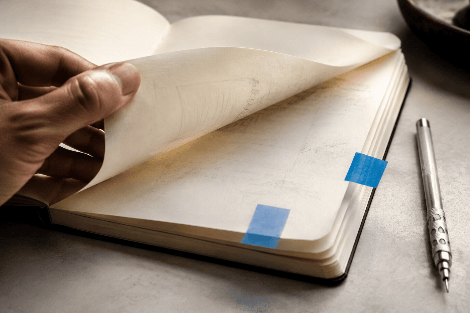 A hand turning the page of a research notebook