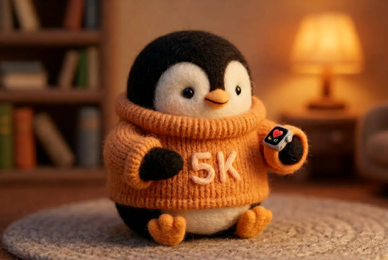 A wool felt penguin in an orange sweater checking a tiny Apple Watch on its flipper, learning about heart rate data