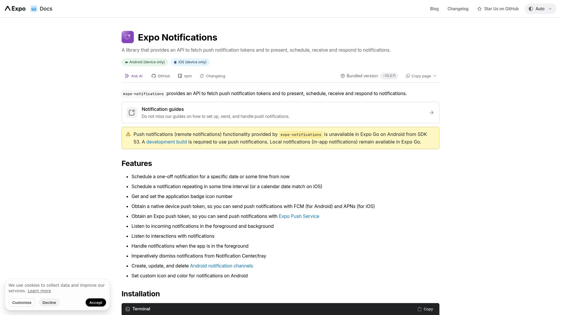Expo notifications SDK documentation page showing the API reference for push notifications in React Native