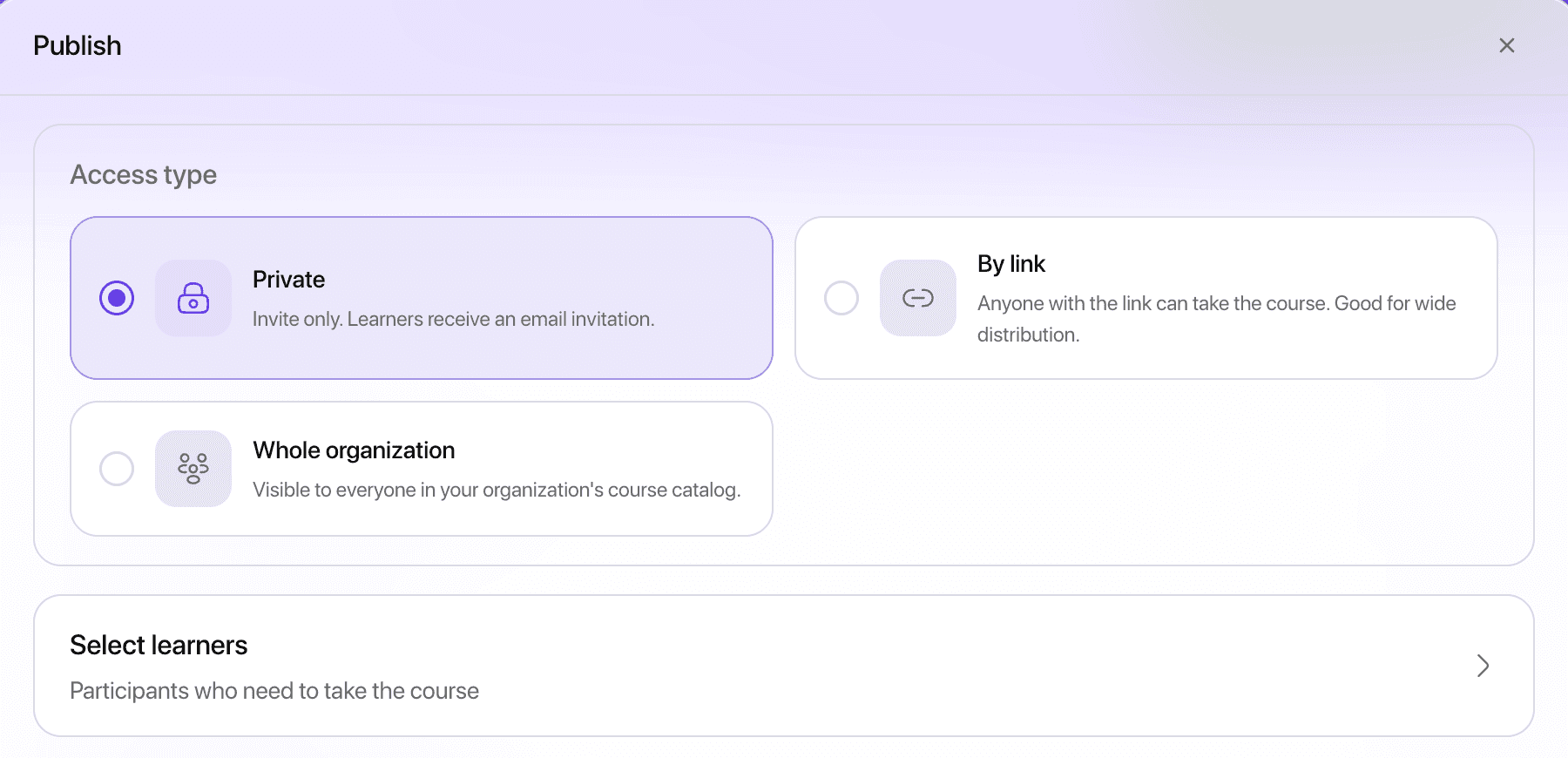 The Publish dialog, offering Private, By link and Whole organization as access types for a course.
